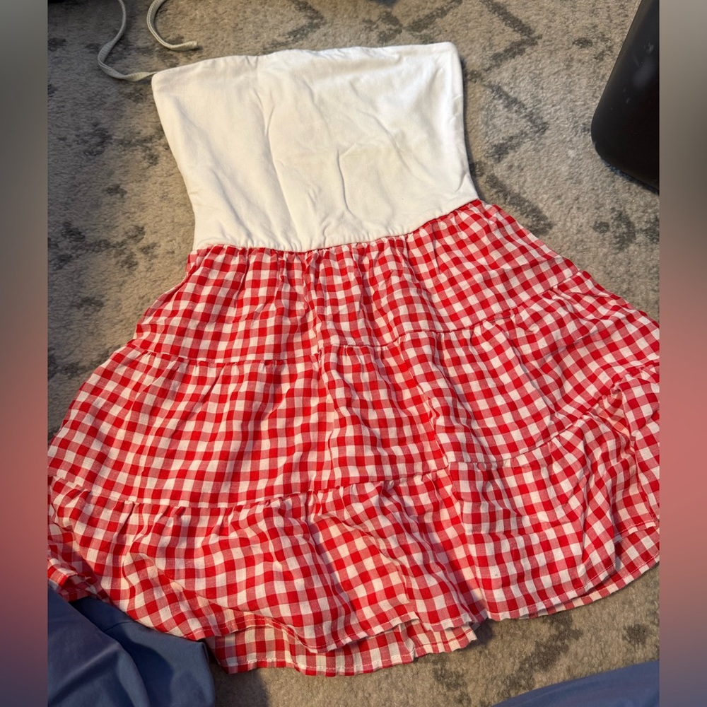 Red and White Gingham Strapless Dress